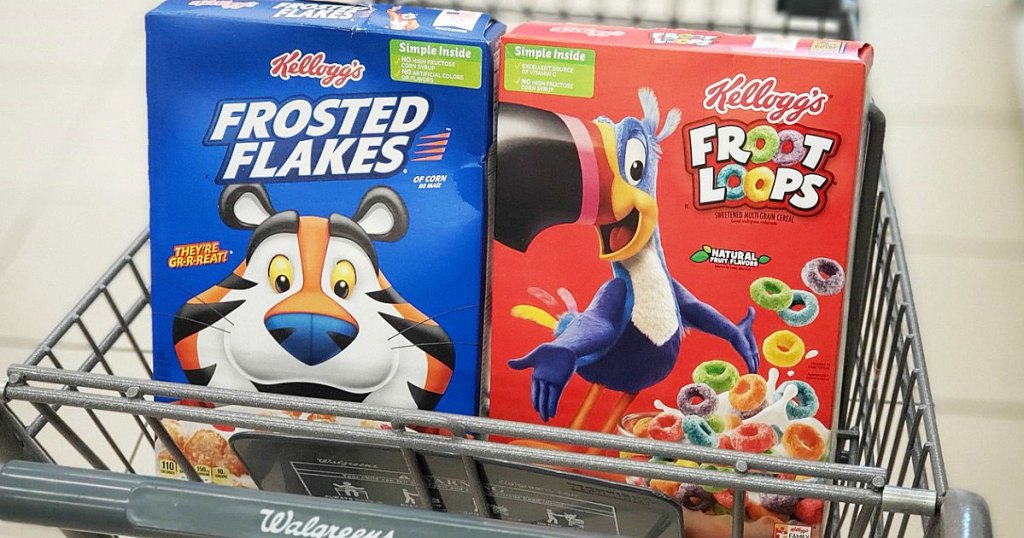 boxes of kellogg's frosted flakes and froot loops cereals in walgreens shopping cart