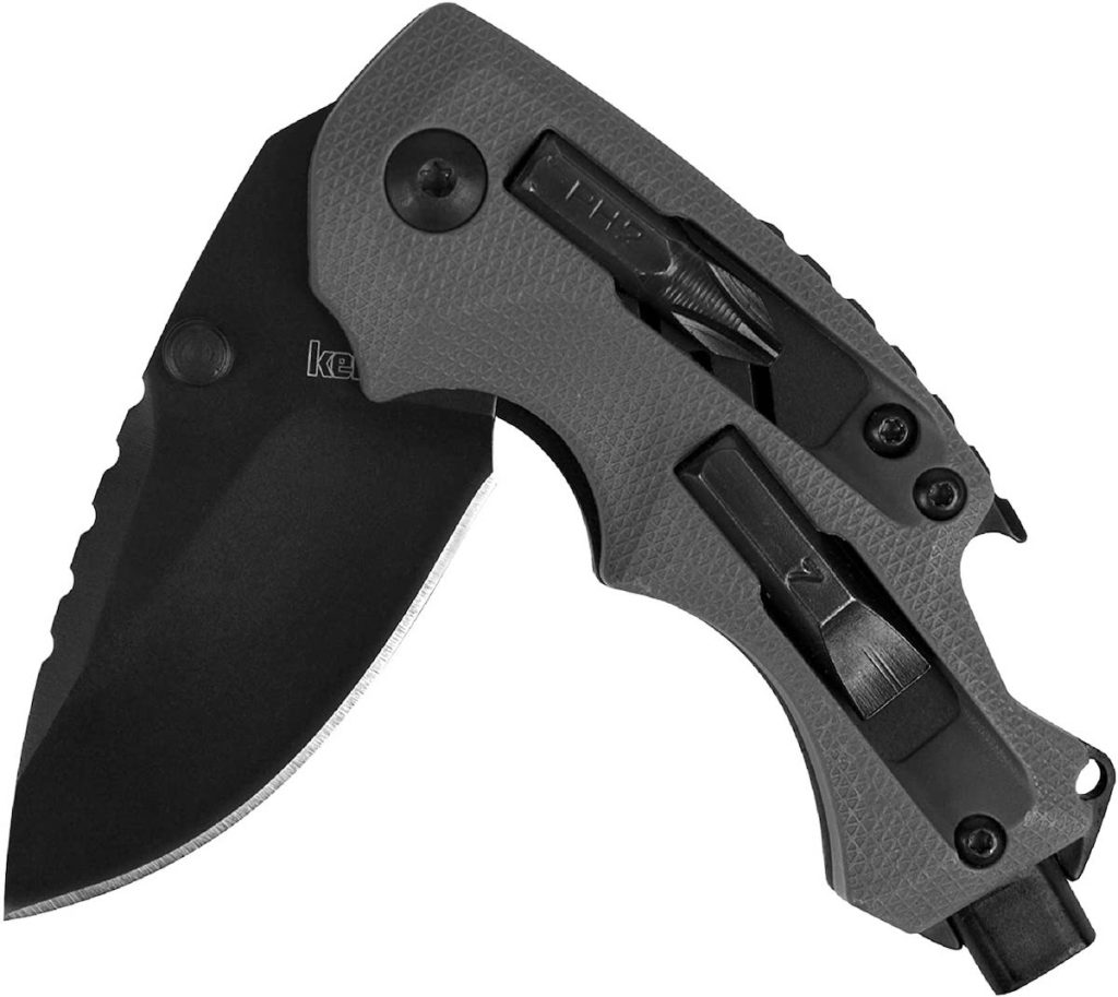 partially folded black and grey Kershaw Shuffle DIY Compact Multifunction Folding Pocket Knife