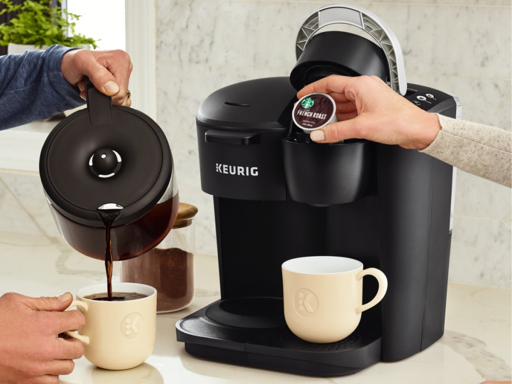 hand putting coffee single serve pod into coffee maker, cup of coffee, and hand pouring coffee into cup