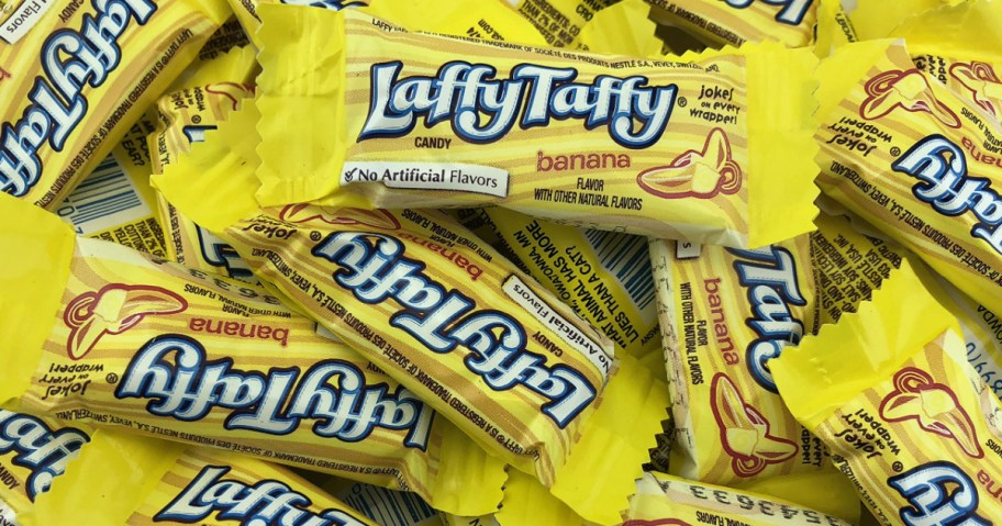 pile of banana taffy candies in wrappers