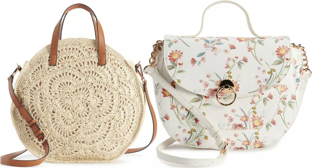 Two styles of women's purses - one crochet and one floral