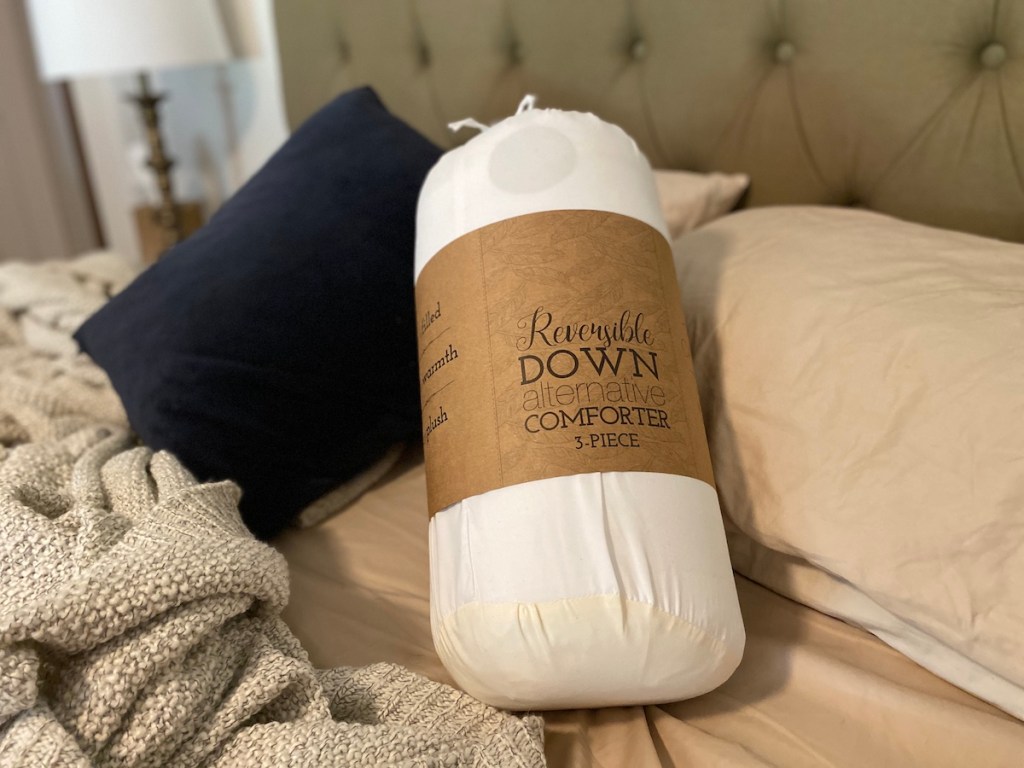 comforter in a bag on a bed