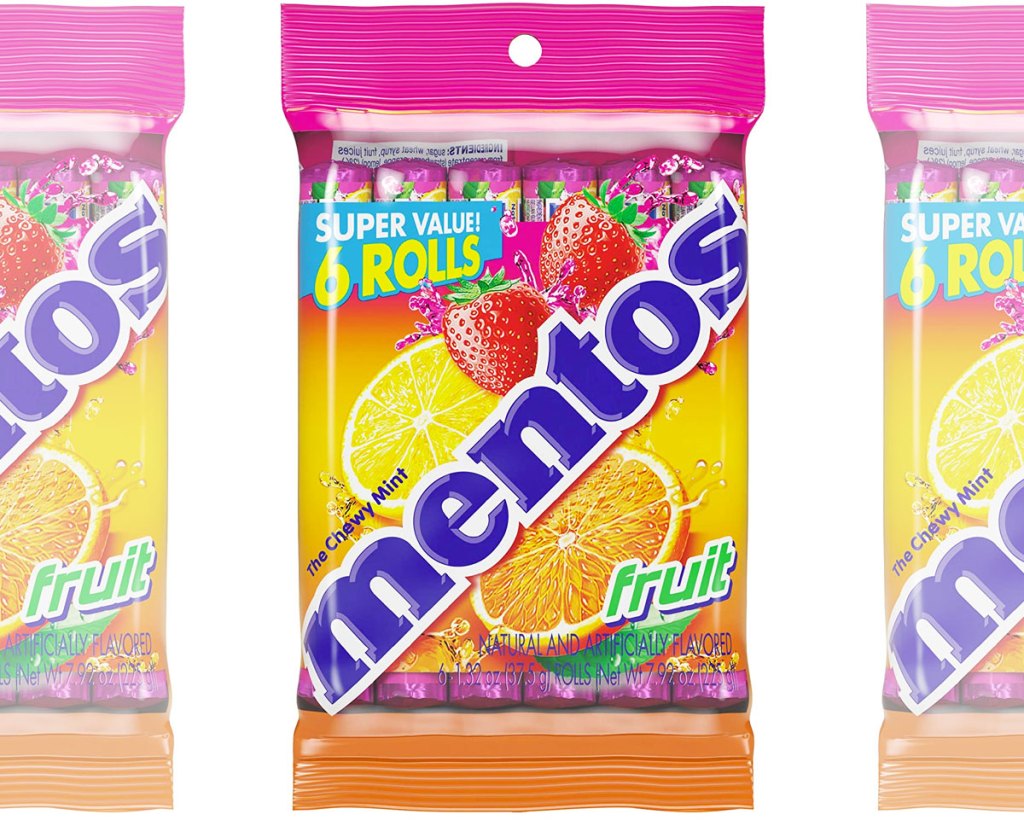 6-pack package of rainbow mentos fruity candies