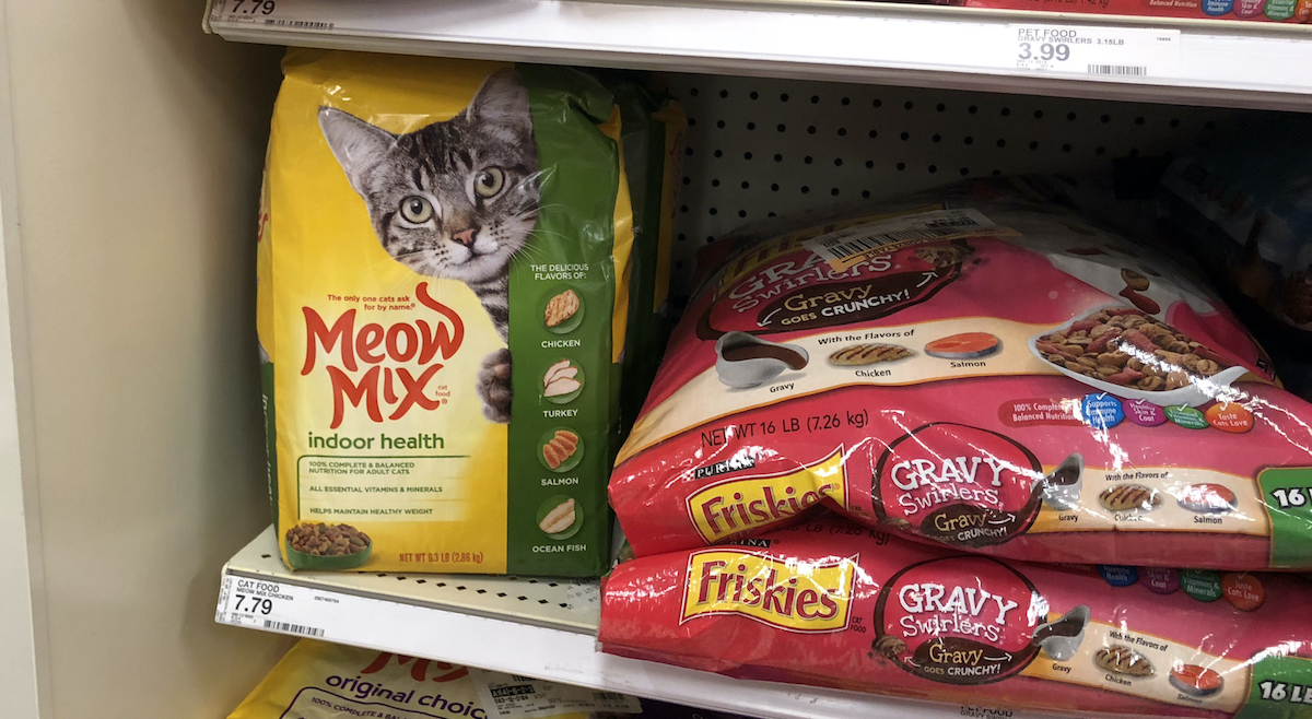 Meow Mix cat food on shelf at Target