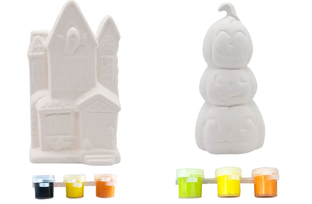 halloween castle and pumpkin white ceramic figures with three colors of paint each