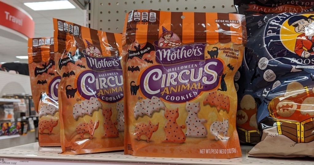 Mothers Circus Animal Cookies on shelf at store in resealable bags