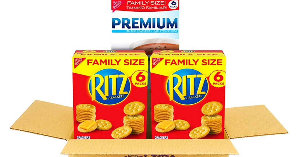 brown shipping box with two family size boxes of ritz crackers and box of premium saltine crackers