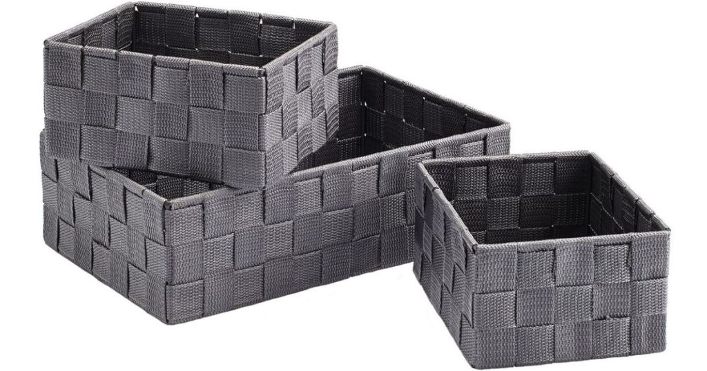three grey storage baskets