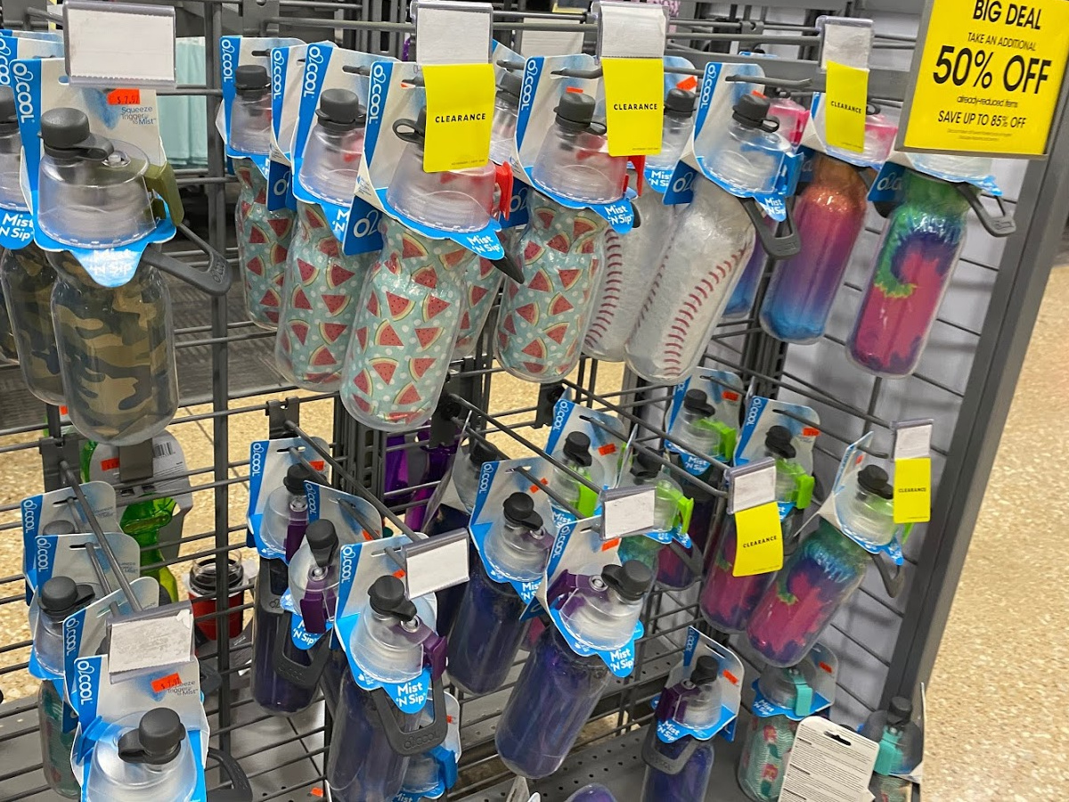 various water bottles hanging in store