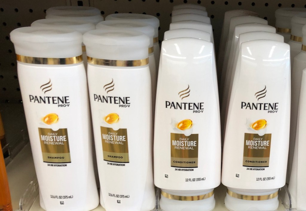 row of Pantene products on shelf at Walgreens