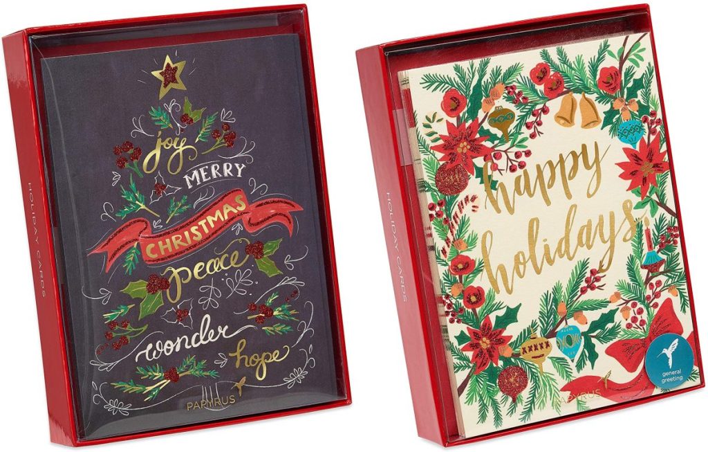 two boxes of Christmas cards