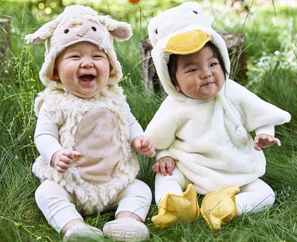 two babies dressed in lamb and duckling halloween costumes