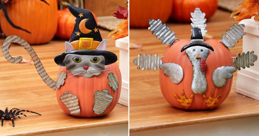 cat and turkey pumpkin stakes on a pumpkin