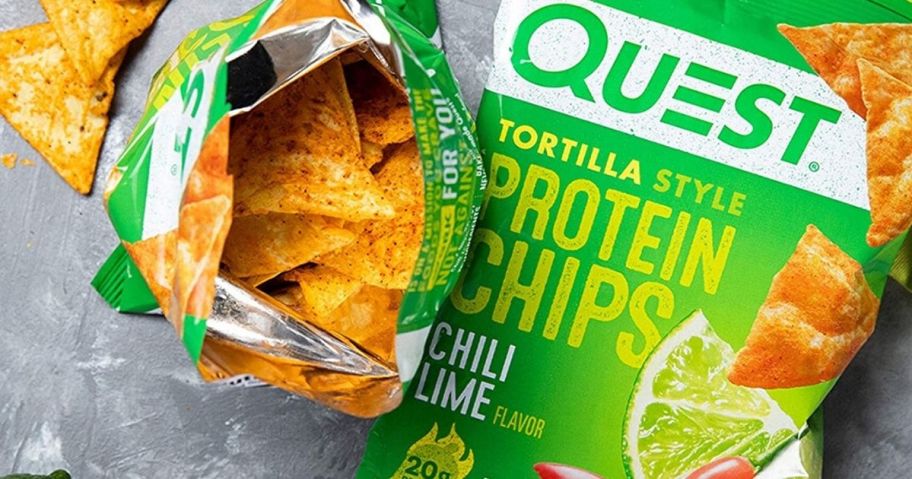two bags of Quest Chili lime protein chips