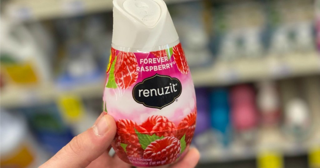 Hand holding Renuzit Air freshener raspberry cone