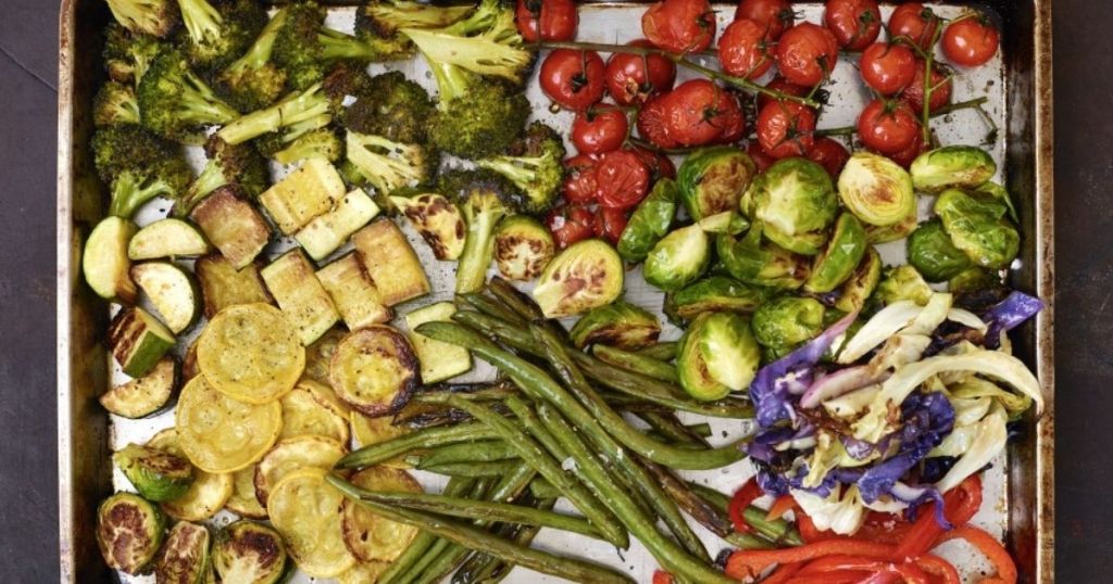 sheet pan with roasted vegetables from eat at home meals