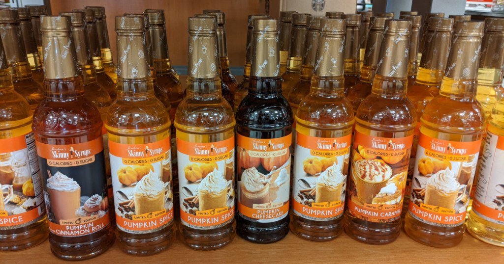 seasonal flavors of sugar free syrups on shelf in store