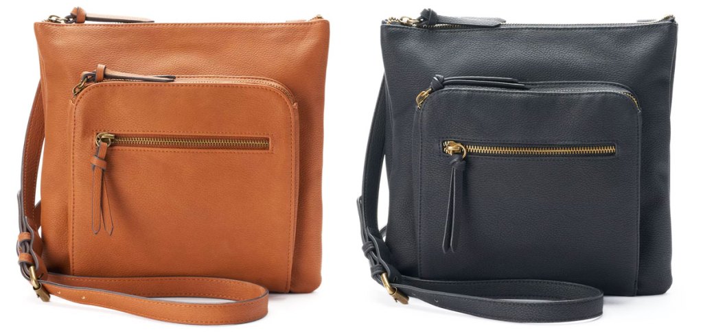 two crossbody bags with zipper ed pockets in tan and black leather