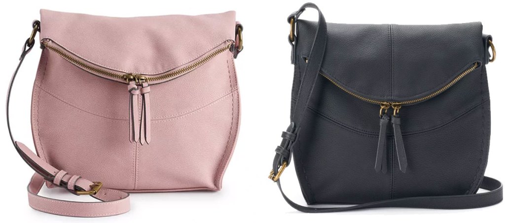 two foldover top handbags in blush pink and black leather colors