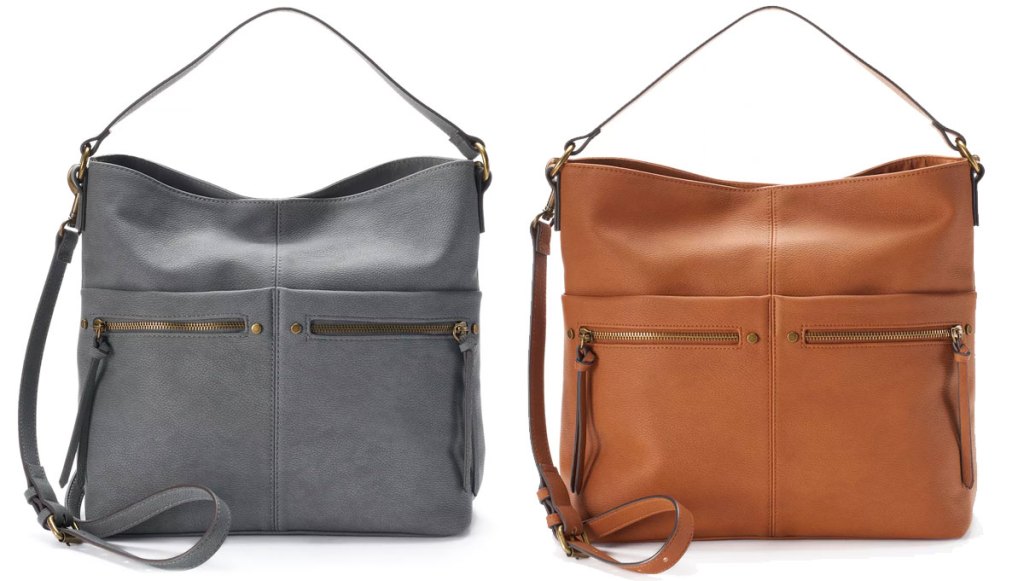 two leather hobo handbags in grey and tan leather
