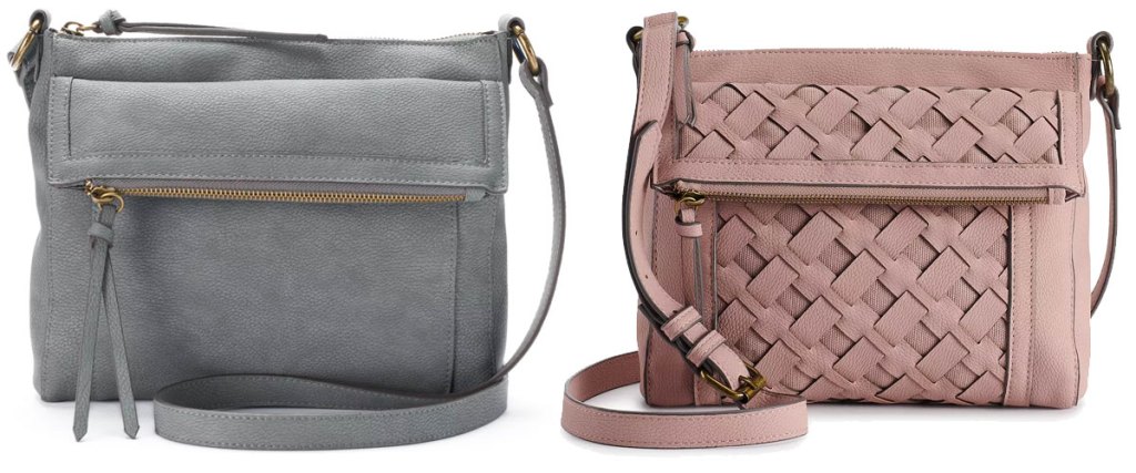 two leather crossbody bags in grey and mauve with basketweave design