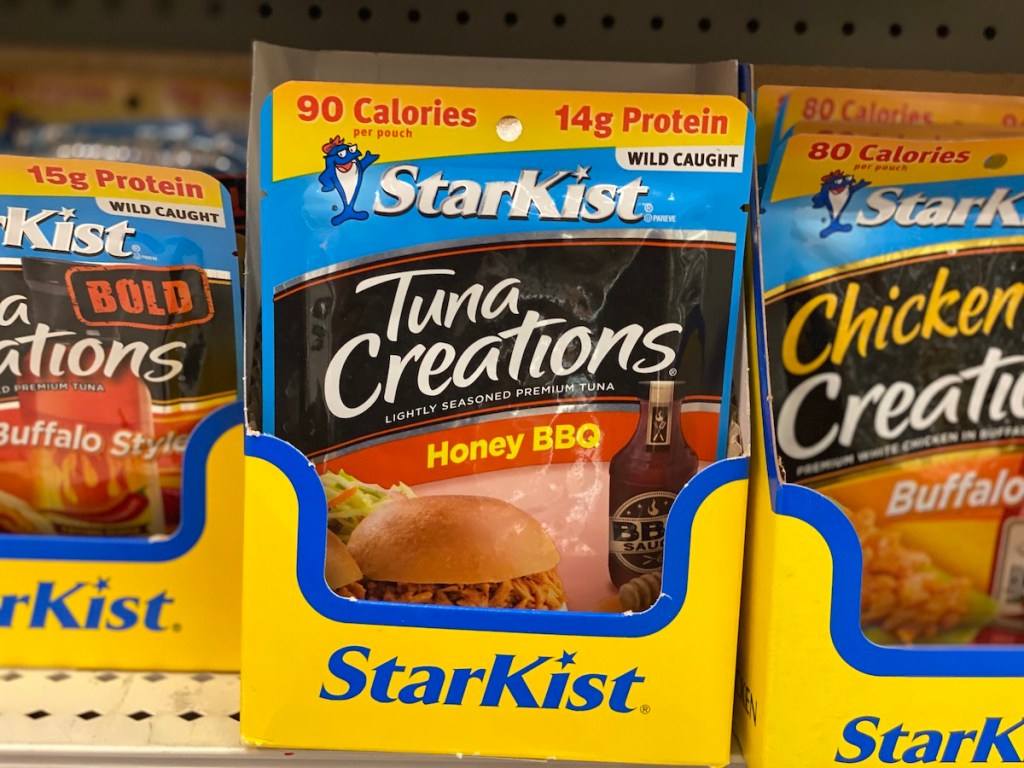 shelf with assorted starkist pouches including StarKist 2.6oz Tuna Creations honey bbq