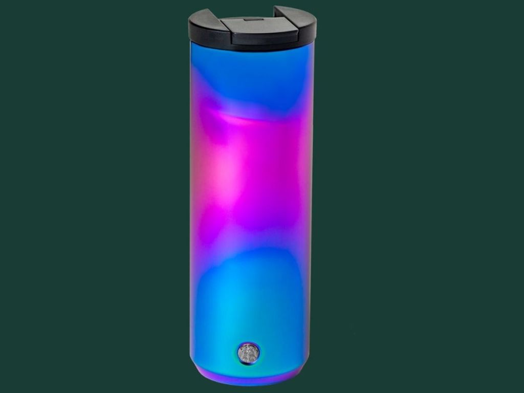 Iridescent blue and pink tumbler with Starbucks logo near bottom