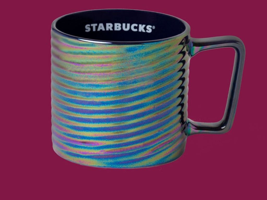 iridescent swirly mug with Starbucks inside 