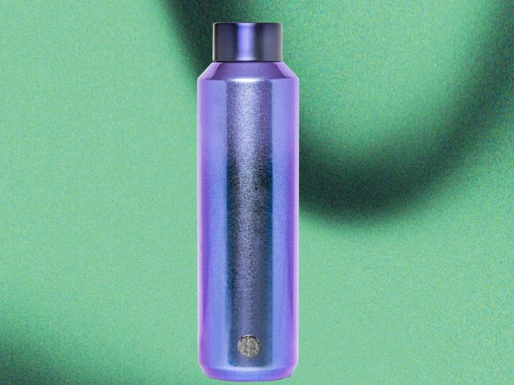 purple sparkly water bottle with Starbucks logo near bottom