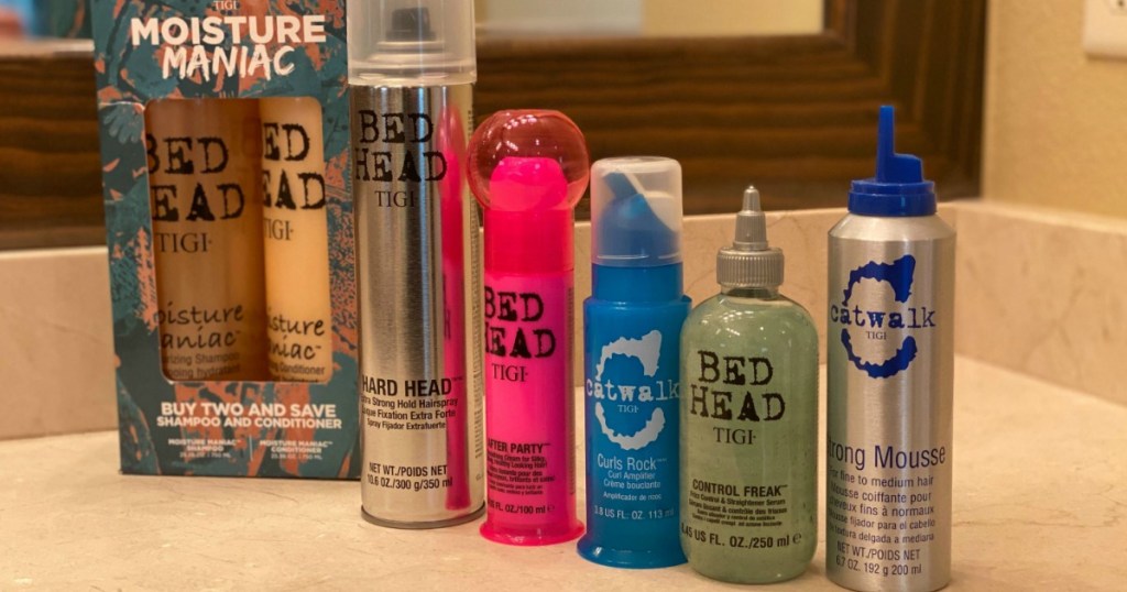 TIGI Bed Head & Catwalk products on a countertop