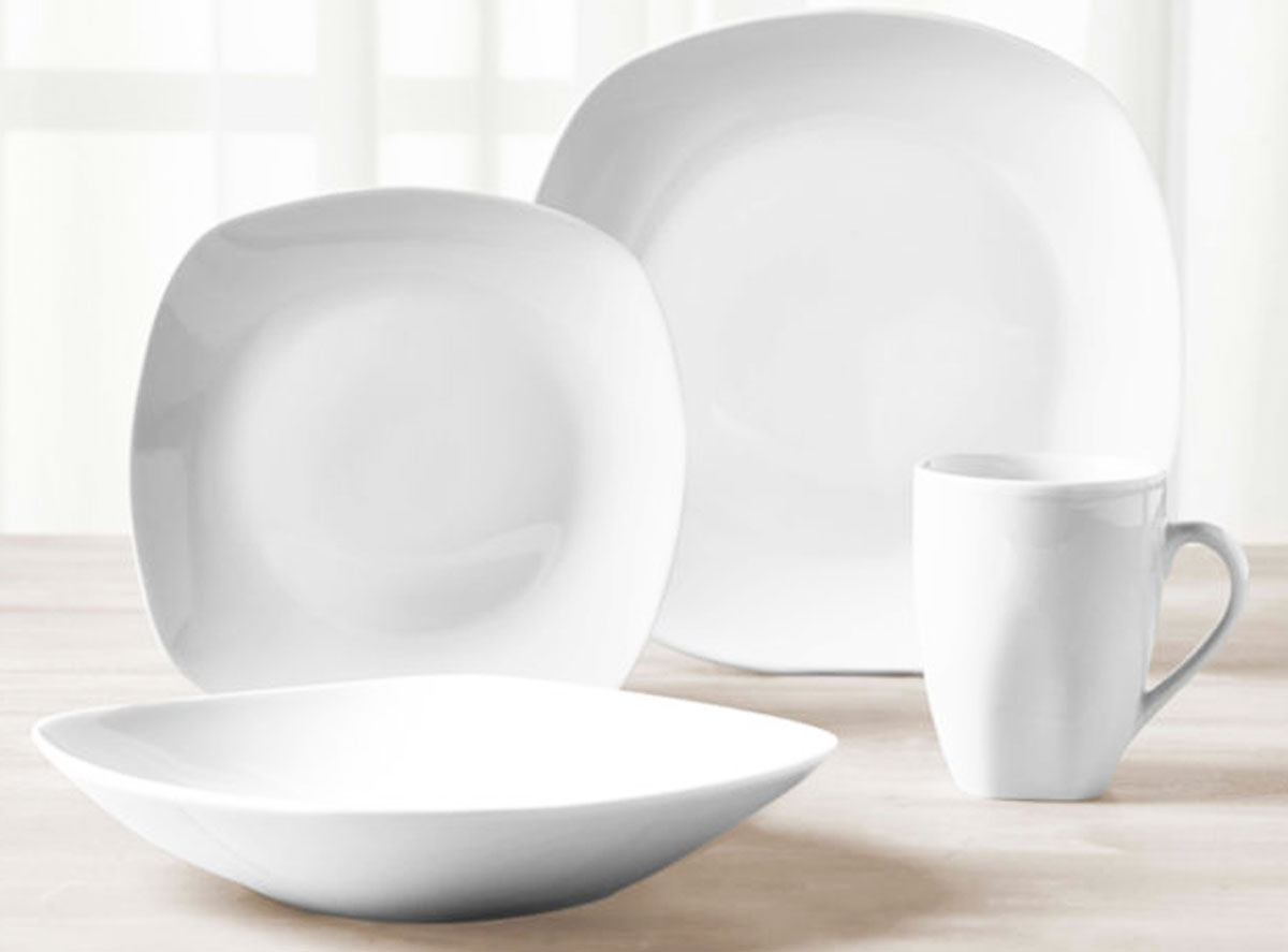 square shaped white dinnerware set on table