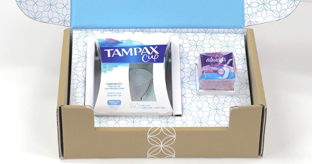 open box with menstrual cup and liners