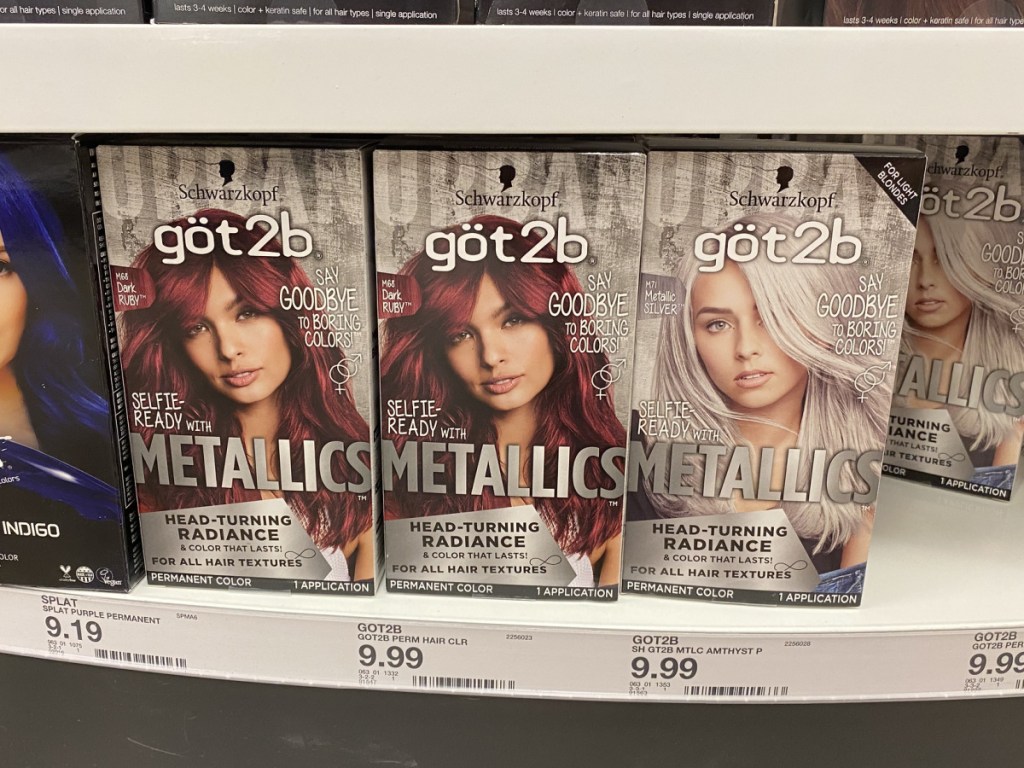 got2b metallic hair color boxes lined up on store shelf at target