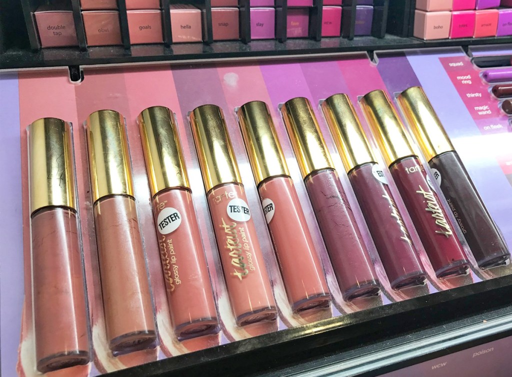 row of Tarte lip paints in various shades
