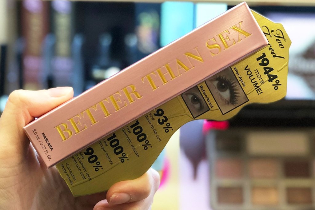 person holding up pink box of too faced better than sex mascara