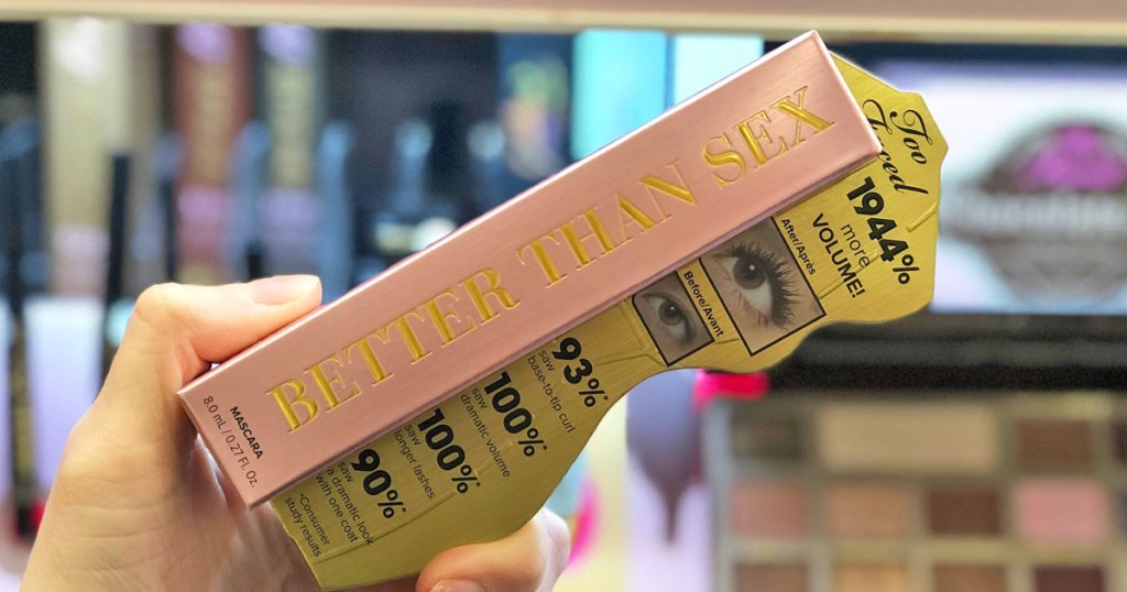person holding up pink box of too faced better than sex mascara