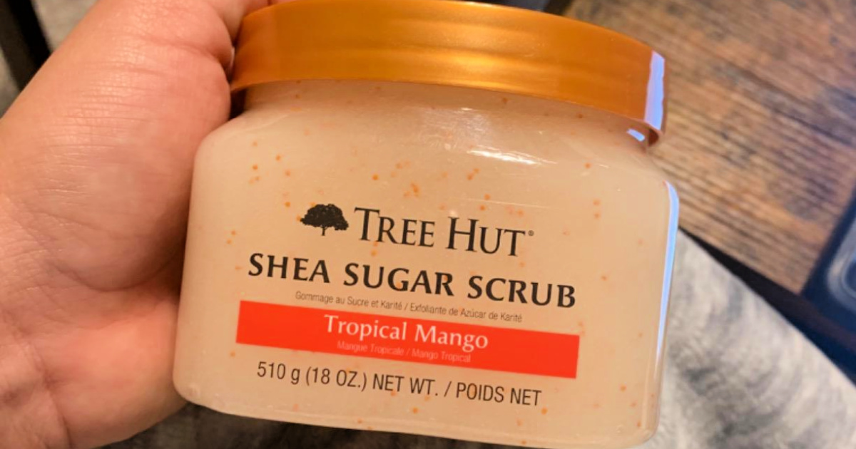 Tree Hut Shea Sugar Scrub Tropical Mango in hand