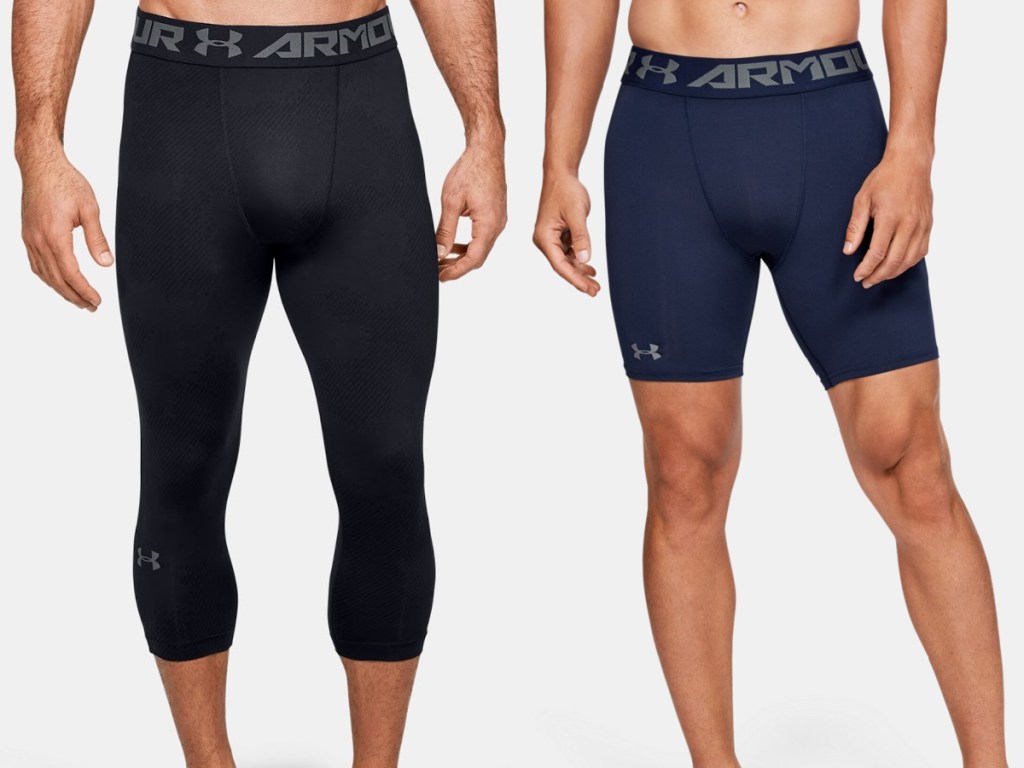 man in black athletic leggings and man in blue athletic shorts