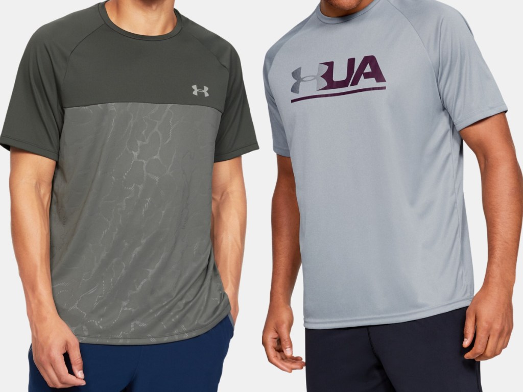 man in gray two-tone top and man in light gray logo top