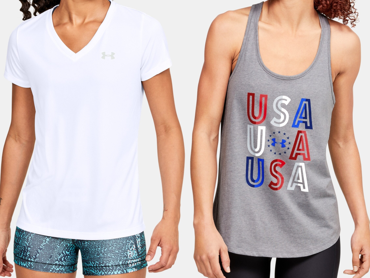 woman in white top and woman in graphic USA gray tank