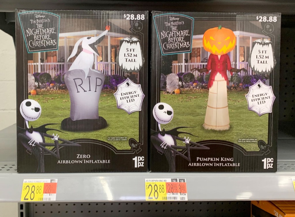 boxes of The Nightmare Before Christmasl inflatables on Walmart shelf
