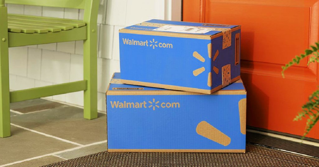 Walmart.com shipping boxes on doorstep