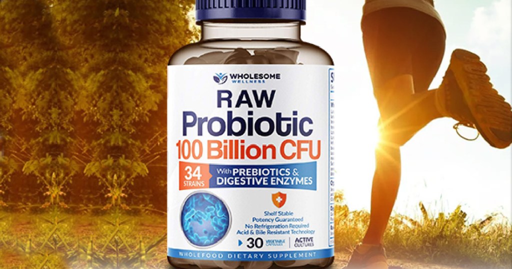 woman running next to a large bottle of wholesome wellness probiotics