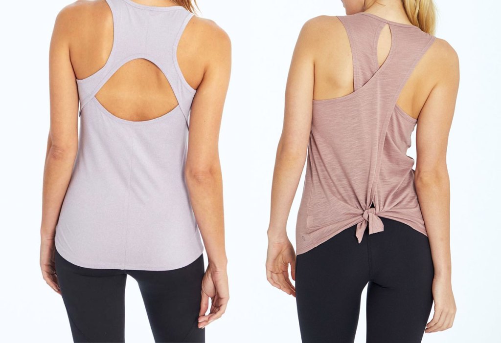 two women modeling workout tanks with cut out and criss-cross backs