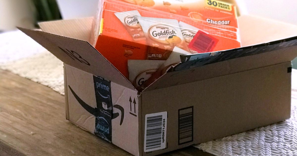 Amazon box with box of goldfish crackers inside