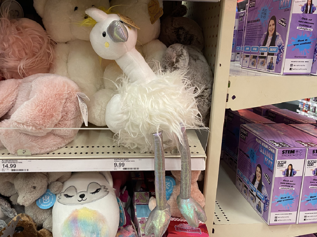 stuffed animals on store shelf