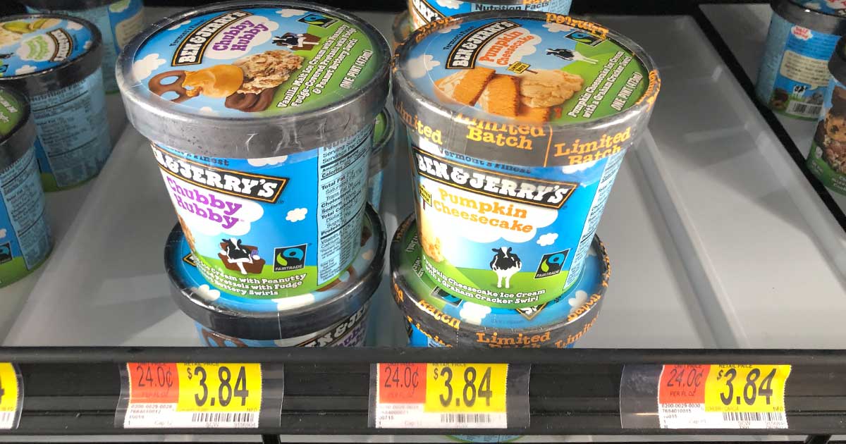 pints of ben and jerry's ice cream in a walmart freezer case