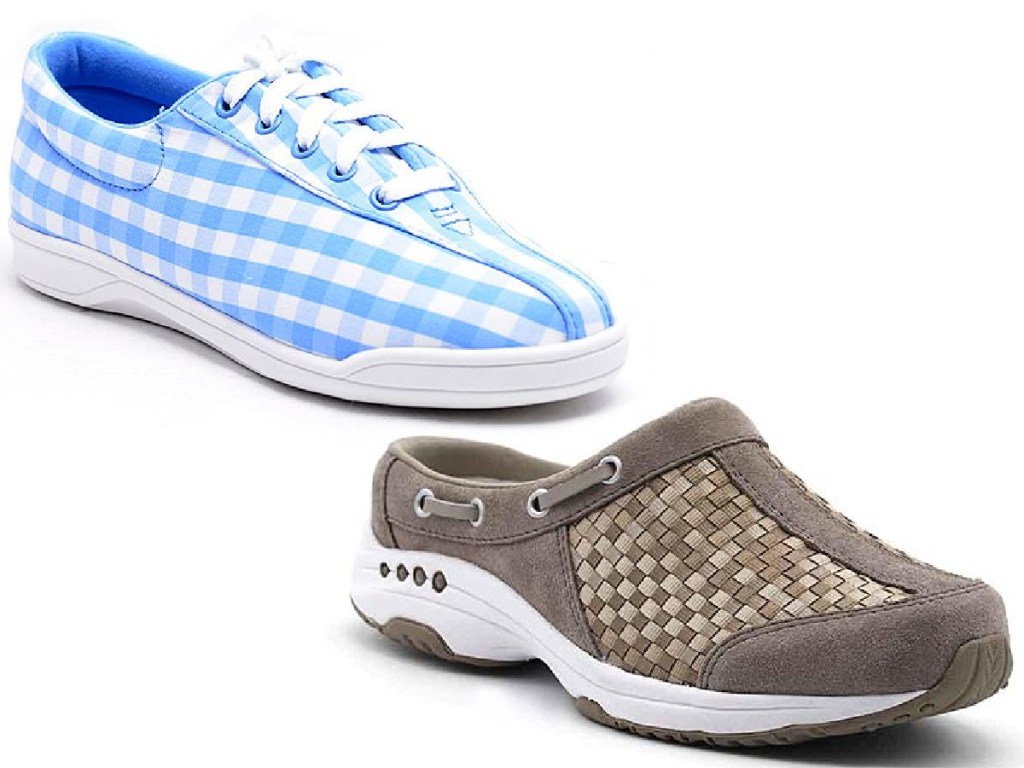 blue shoe and brown shoe on white background