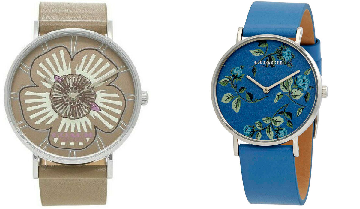 brown flower and blue floral coach watches
