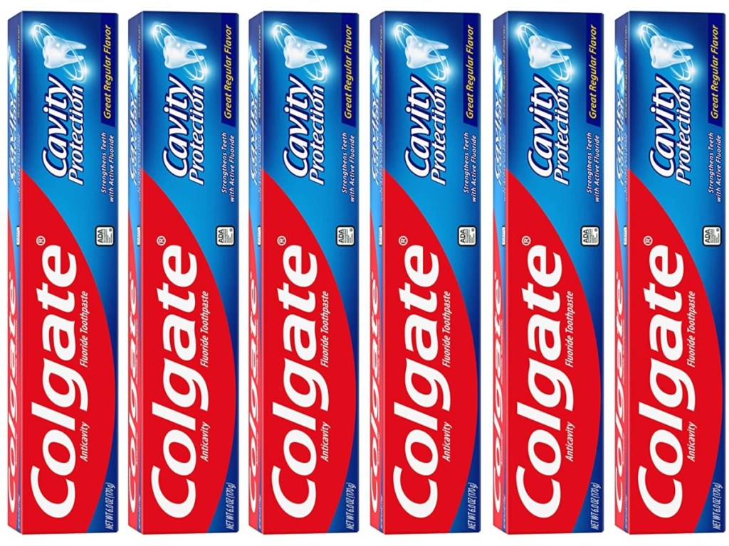 six boxes of Colgate cavity protection toothpaste